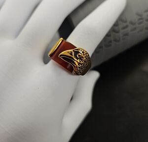 Men's Gold Eagle Head Ring with Faux Red Amber
